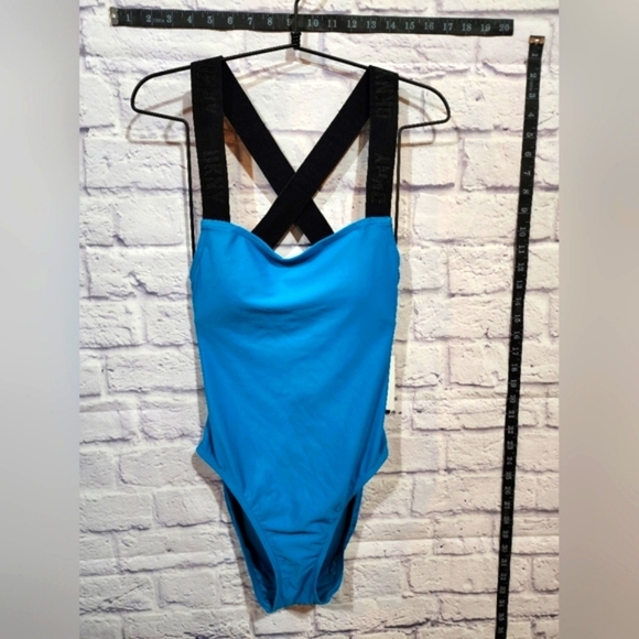 DKNY Women's Logo Cross Back One-Piece Swimsuit Turqouise Size Large NEW - Picture 2 of 9